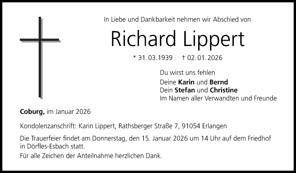  Traueranzeige für Richard Lippert vom 10.01.2026 aus Neue Presse Coburg
