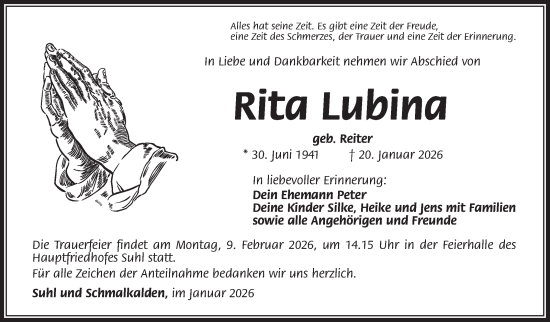 Traueranzeige von Rita Lubina von Südthüringer Presse