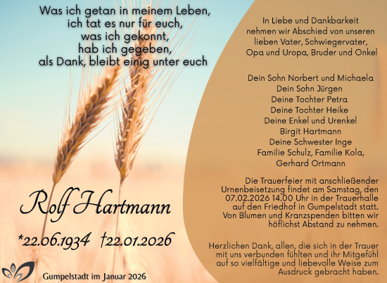 Traueranzeige von Rolf Hartmann von Südthüringer Presse