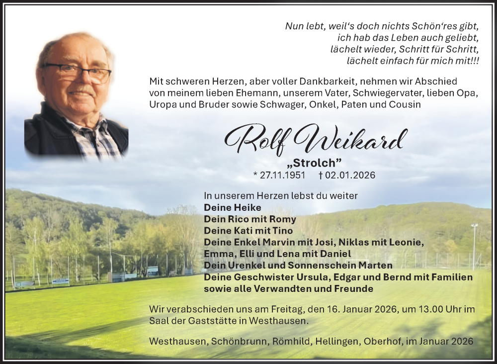 Traueranzeige für Rolf Weikard vom 10.01.2026 aus Südthüringer Presse