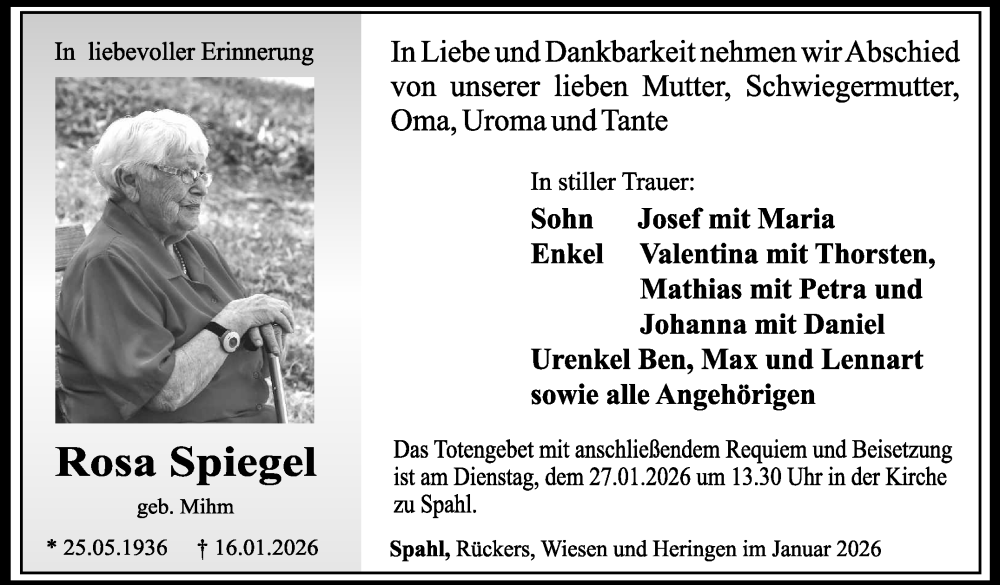  Traueranzeige für Rosa Spiegel vom 23.01.2026 aus Südthüringer Presse
