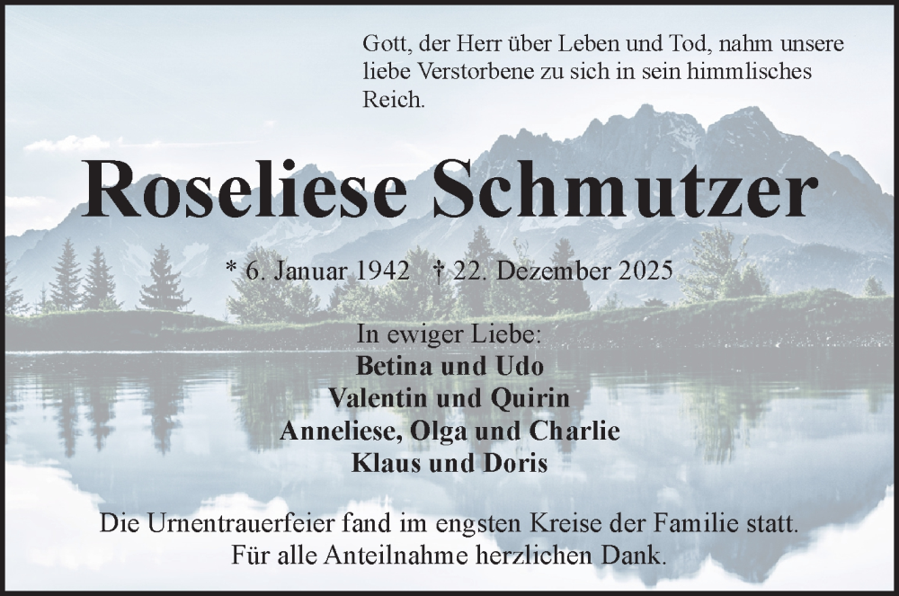 Traueranzeige für Roseliese Schmutzer vom 17.01.2026 aus Frankenpost