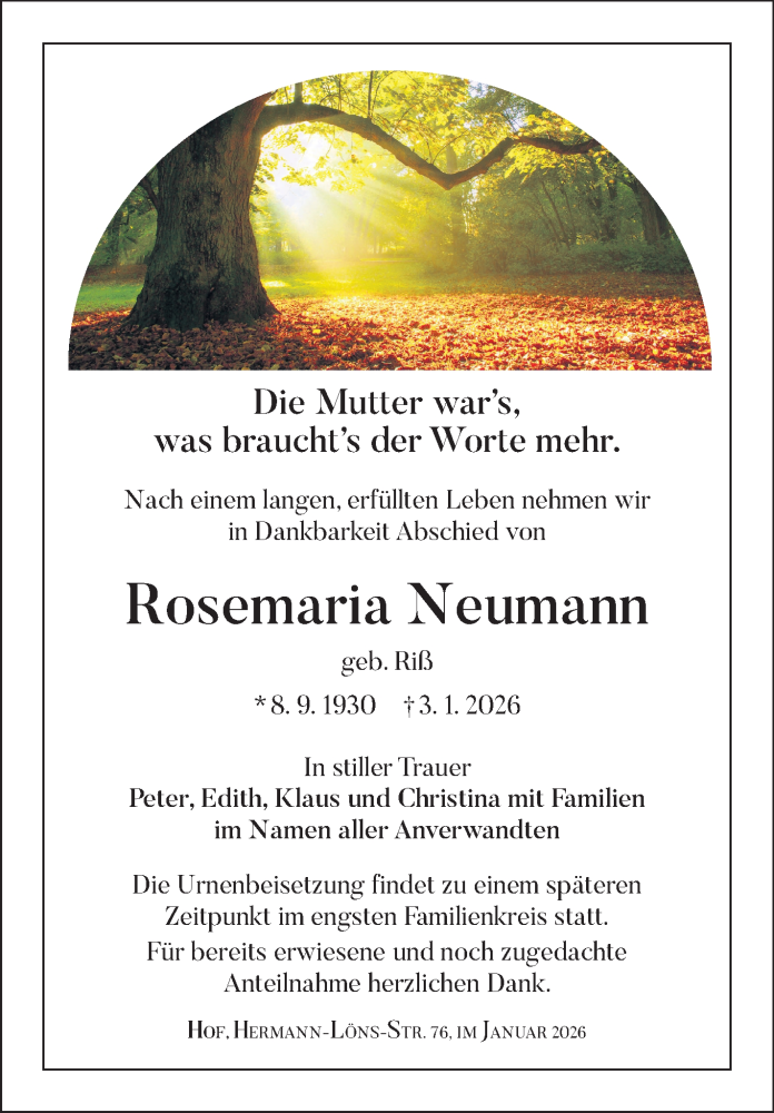  Traueranzeige für Rosemaria Neumann vom 17.01.2026 aus Frankenpost