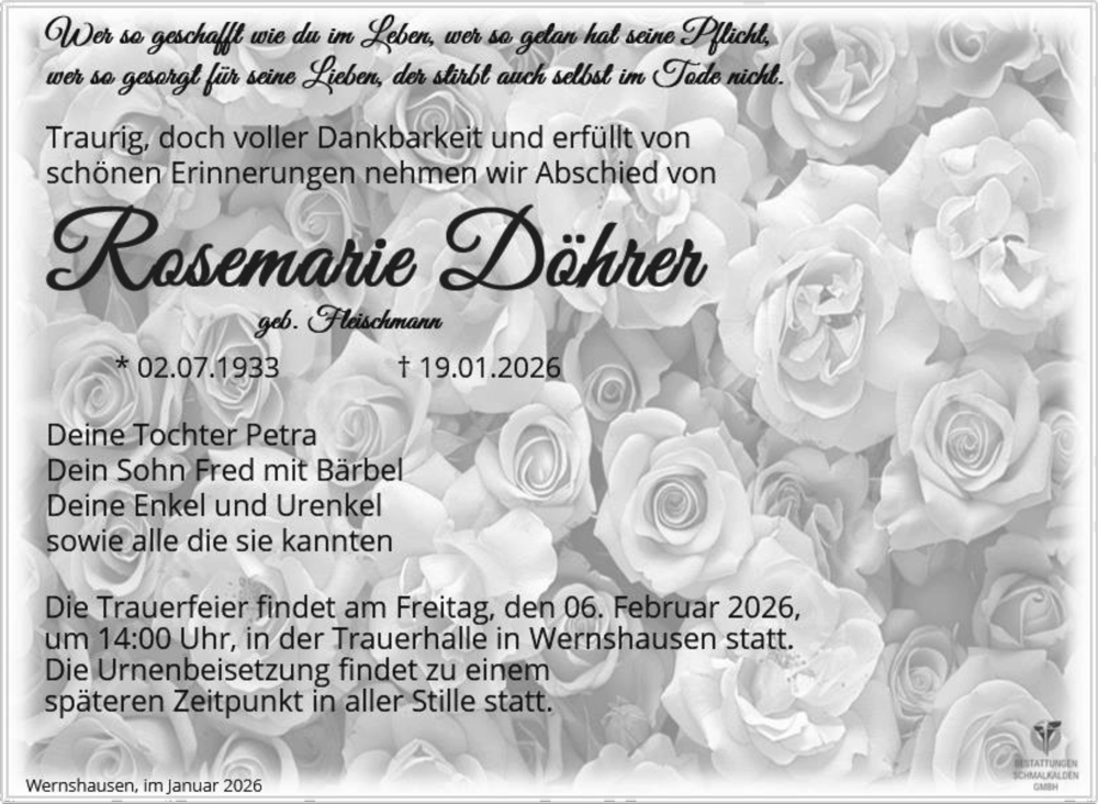  Traueranzeige für Rosemarie Döhrer vom 31.01.2026 aus Südthüringer Presse