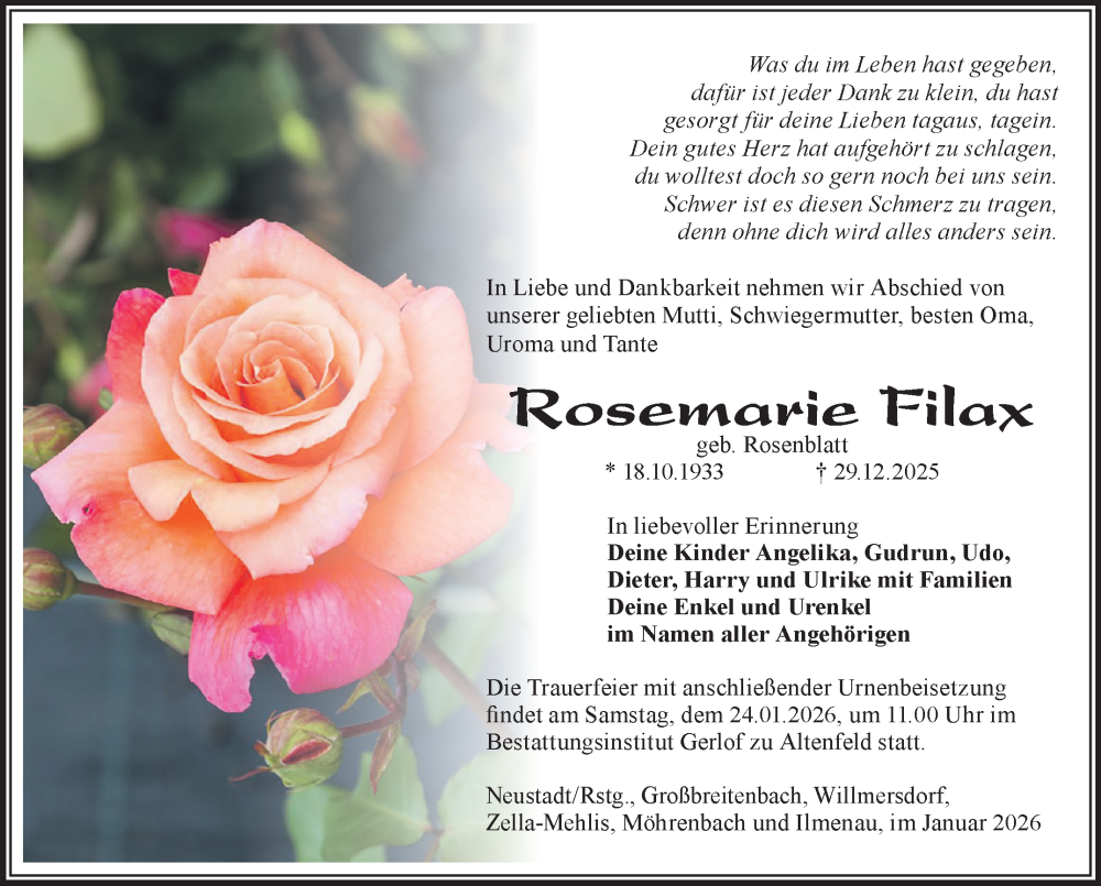  Traueranzeige für Rosemarie Filax vom 17.01.2026 aus Südthüringer Presse