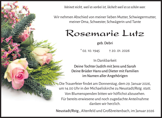 Traueranzeige von Rosemarie Lutz von Südthüringer Presse