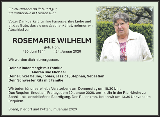 Traueranzeige von Rosemarie Wilhelm von Südthüringer Presse