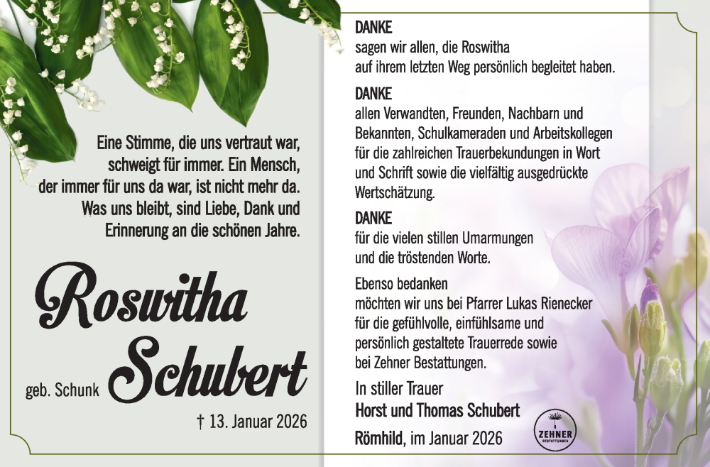  Traueranzeige für Roswith Schubert vom 31.01.2026 aus Südthüringer Presse