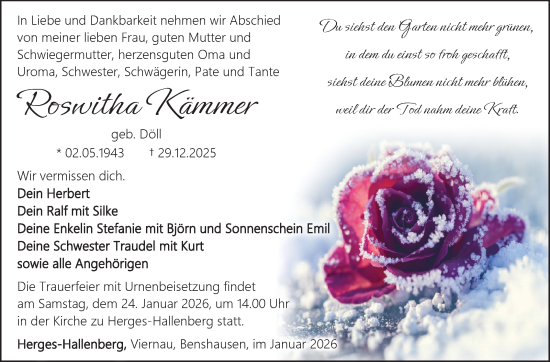Traueranzeige von Roswitha Kämmer von Südthüringer Presse