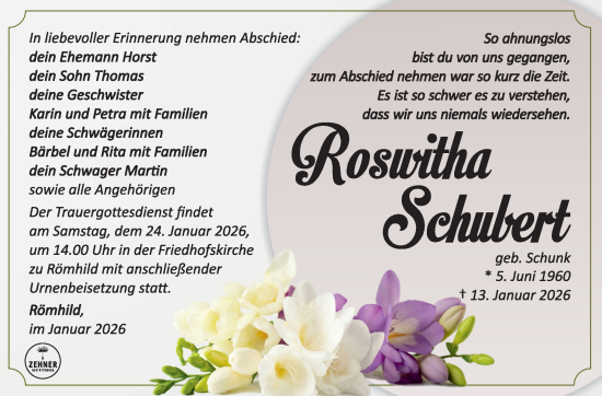 Traueranzeige von Roswitha Schubertg von Südthüringer Presse