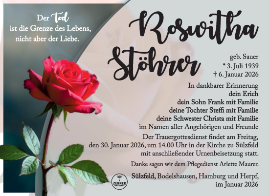 Traueranzeige von Roswitha Stöhrer von Südthüringer Presse