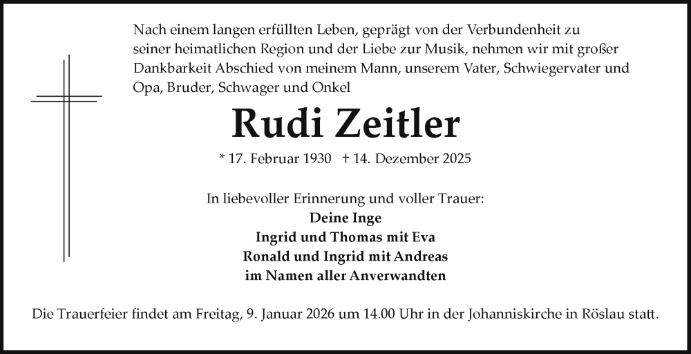  Traueranzeige für Rudi Zeitler vom 03.01.2026 aus Frankenpost