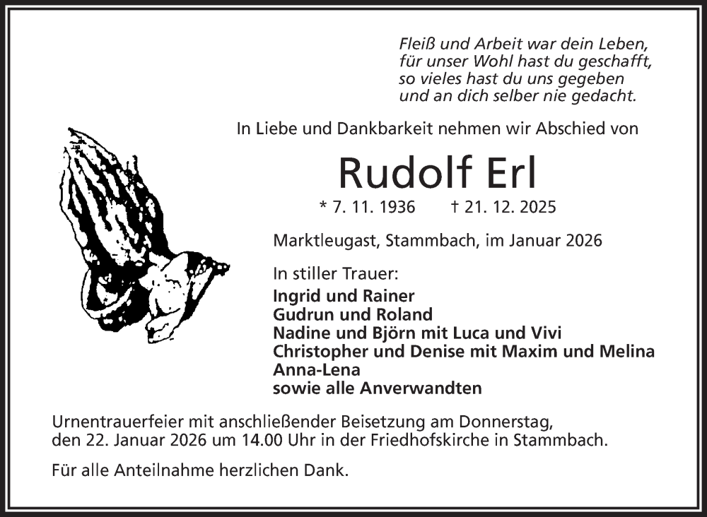  Traueranzeige für Rudolf Erl vom 20.01.2026 aus Frankenpost