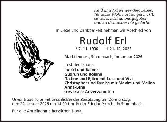Traueranzeige von Rudolf Erl von Frankenpost