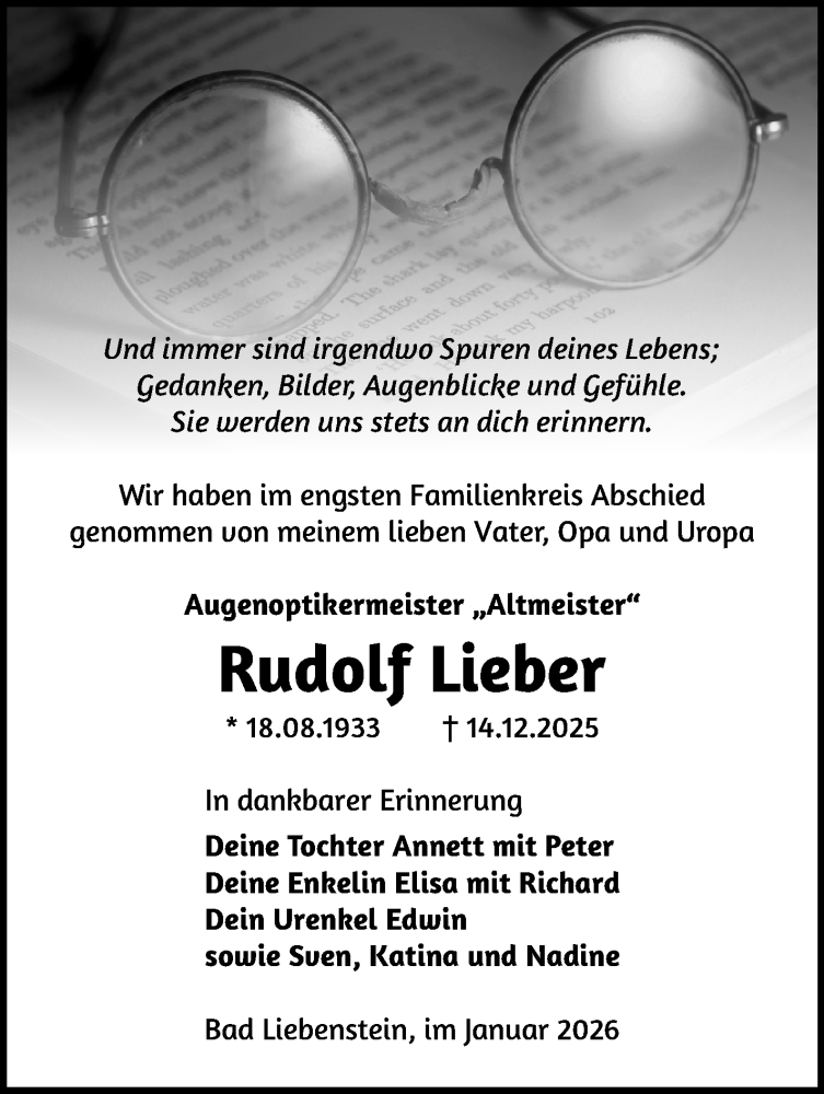 Traueranzeige für Rudolf Lieber vom 17.01.2026 aus Südthüringer Presse
