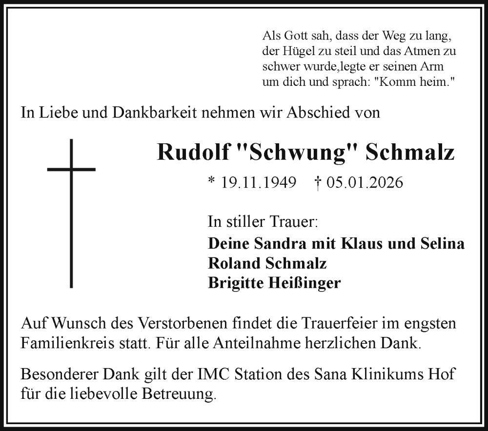  Traueranzeige für Rudolf Schmalz vom 10.01.2026 aus Frankenpost