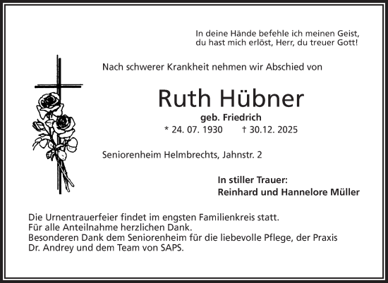 Traueranzeige von Ruth Hübner von Frankenpost