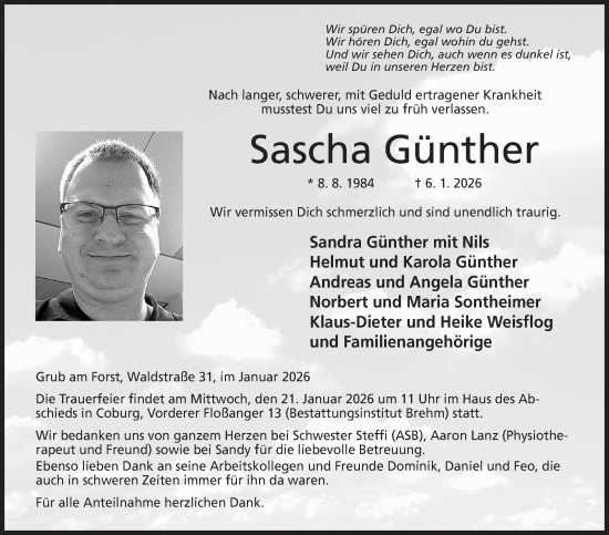 Traueranzeige von Sascha Günther von Neue Presse Coburg