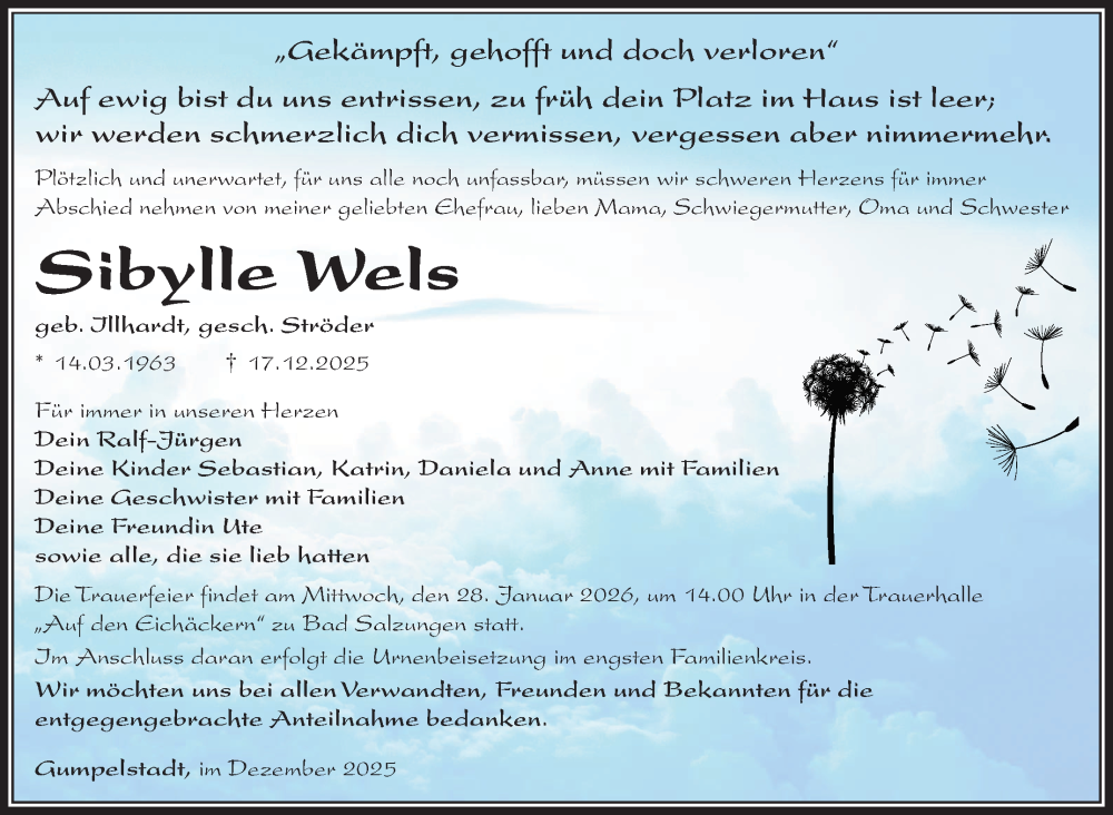  Traueranzeige für Sibylle Wels vom 17.01.2026 aus Südthüringer Presse