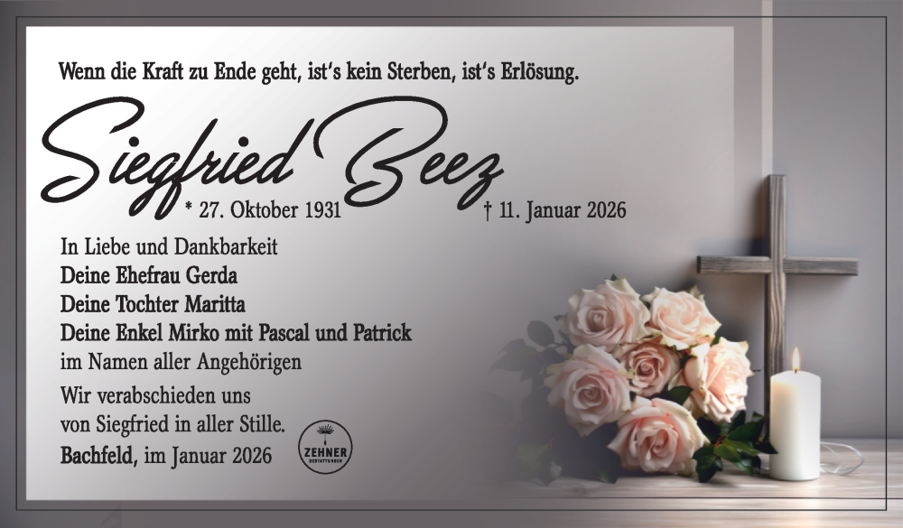  Traueranzeige für Siegfried Beez vom 24.01.2026 aus Südthüringer Presse