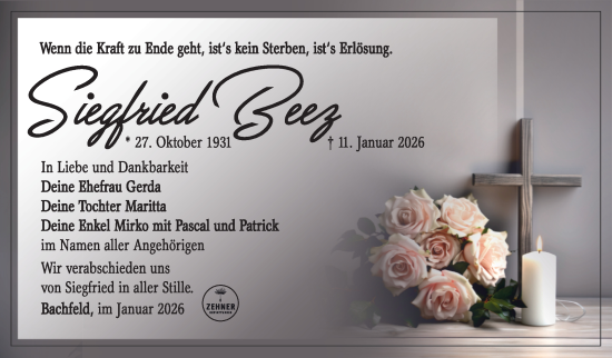 Traueranzeige von Siegfried Beez von Südthüringer Presse