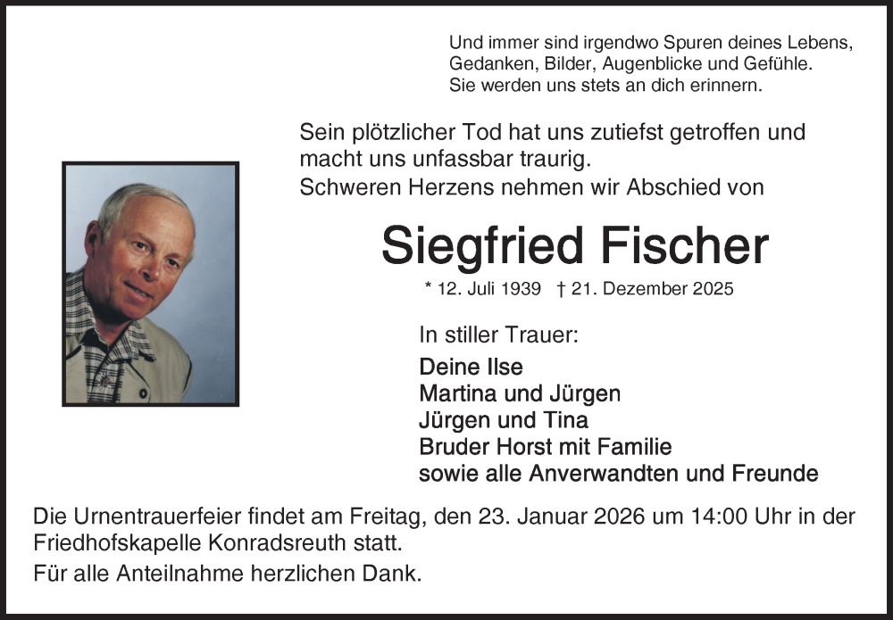  Traueranzeige für Siegfried Fischer vom 17.01.2026 aus Frankenpost
