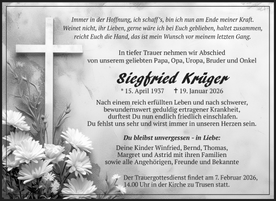 Traueranzeige von Siegfried Krüger von Südthüringer Presse