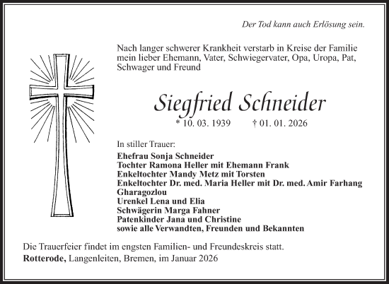 Traueranzeige von Siegfried  Schneider  von Südthüringer Presse
