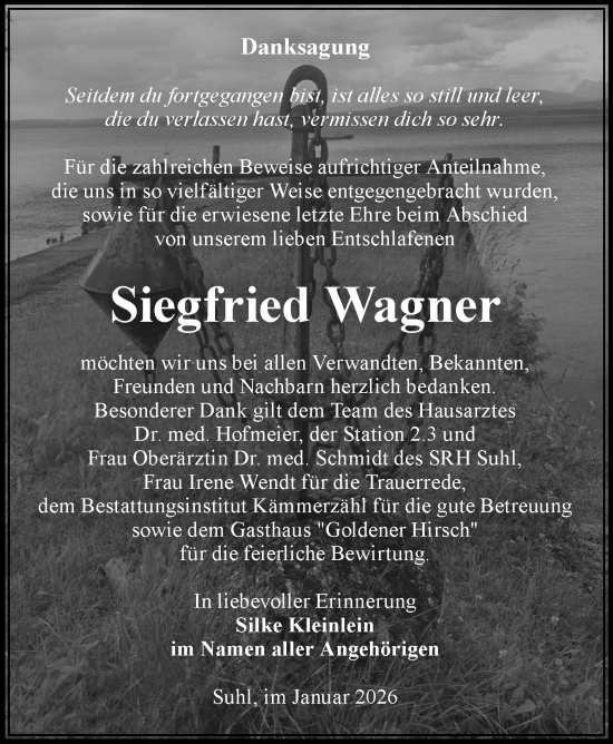 Traueranzeige von Siegfried Wagner von Südthüringer Presse