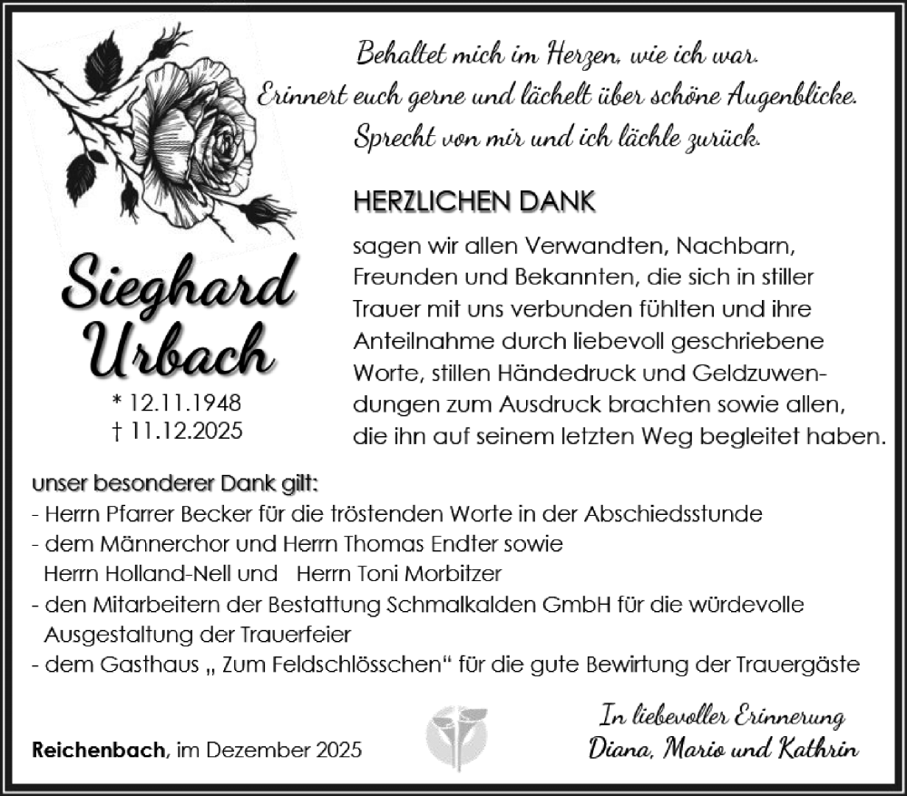  Traueranzeige für Sieghard Urbach vom 10.01.2026 aus Südthüringer Presse