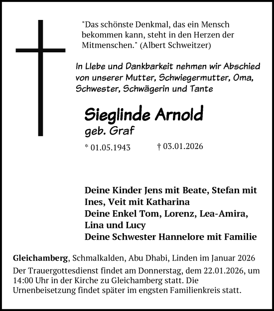 Traueranzeige von Sieglinde Arnold von Südthüringer Presse