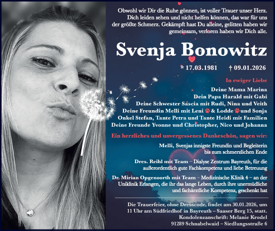 Traueranzeige von Svenja Bonowitz von Südthüringer Presse