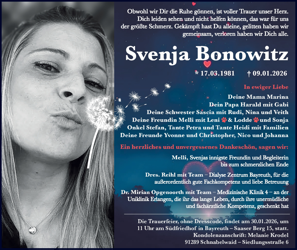  Traueranzeige für Svenja Bonowitz vom 24.01.2026 aus Südthüringer Presse