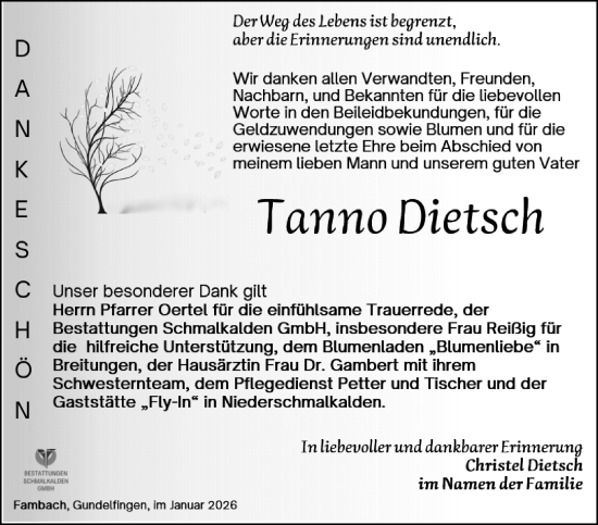 Traueranzeige von Tanno Dietsch von Südthüringer Presse