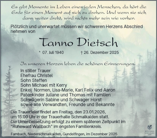 Traueranzeige von Tanno Dietsch von Südthüringer Presse