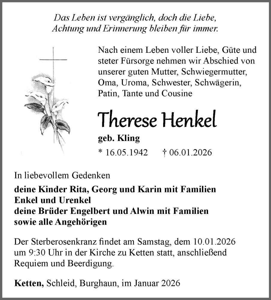 Traueranzeige für Therese Henkel vom 09.01.2026 aus Südthüringer Presse