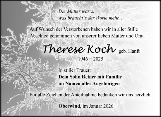 Traueranzeige von Therese Koch von Südthüringer Presse