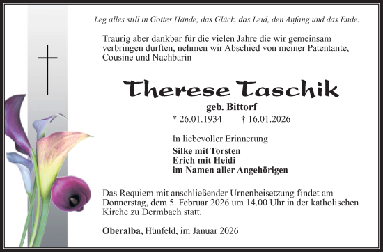 Traueranzeige von Therese Taschik von Südthüringer Presse