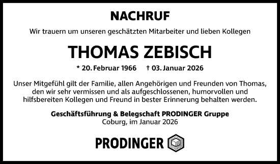 Traueranzeige von Thomas Zebisch von Neue Presse Coburg