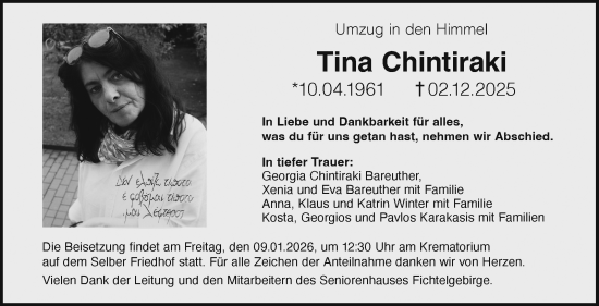 Traueranzeige von Tina Chintiraki von Frankenpost