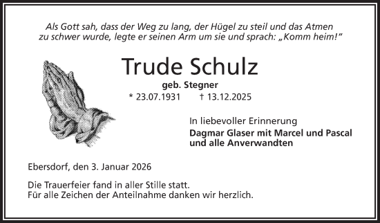 Traueranzeige von Trude Schulz von Neue Presse Coburg