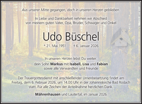 Traueranzeige von Udo Büschel von Neue Presse Coburg