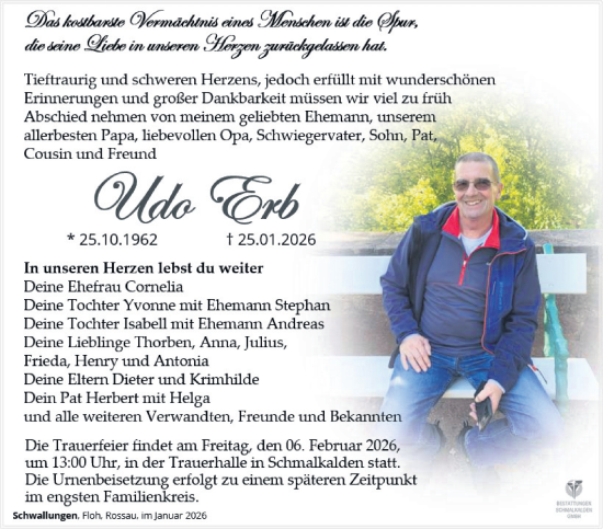 Traueranzeige von Udo Erb von Südthüringer Presse