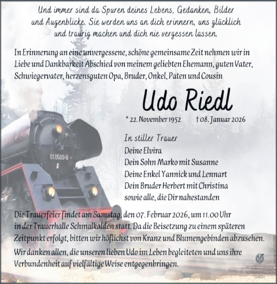 Traueranzeige von Udo Riedl von Südthüringer Presse