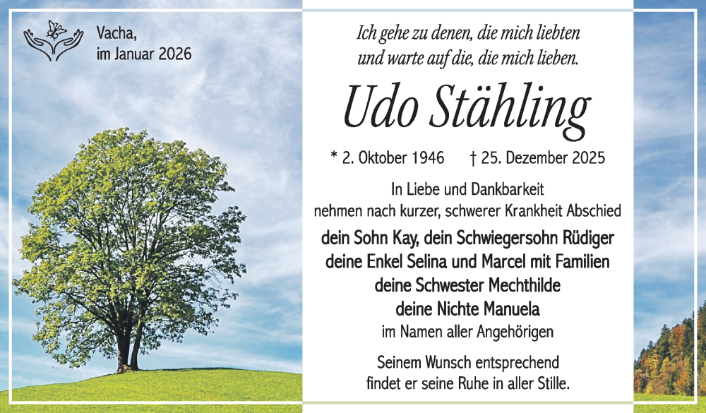  Traueranzeige für Udo Stähling vom 10.01.2026 aus Südthüringer Presse