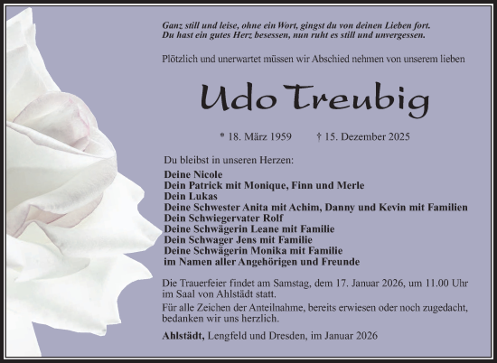 Traueranzeige von Udo Treubig von Südthüringer Presse