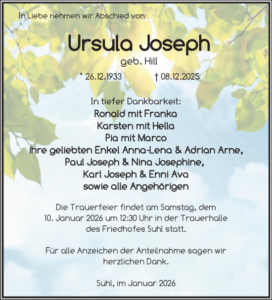 Traueranzeige von Ursula Joseph von Südthüringer Presse