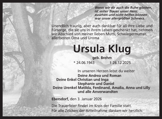 Traueranzeige von Ursula Klug von Neue Presse Coburg
