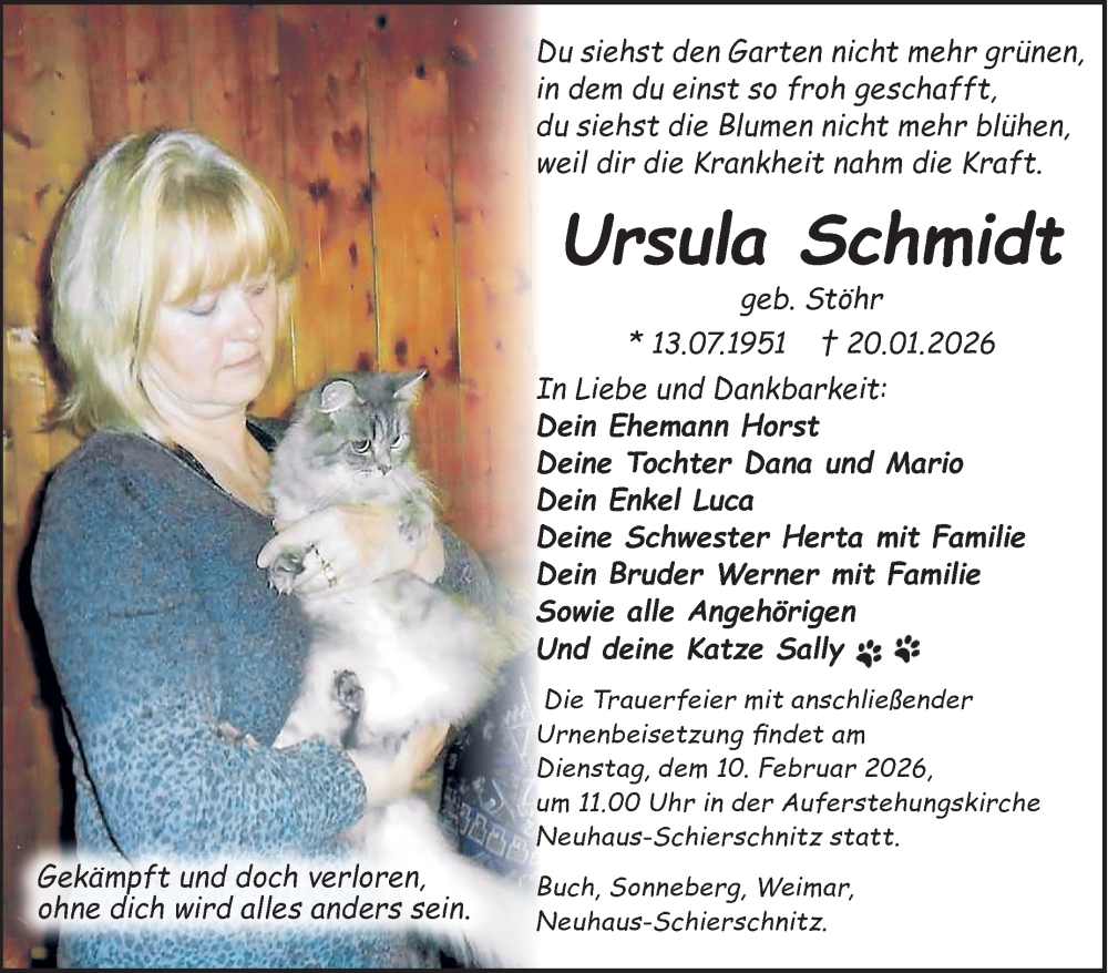  Traueranzeige für Ursula Schmidt vom 31.01.2026 aus Südthüringer Presse
