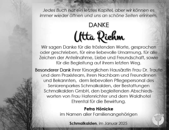 Traueranzeige von Utta Riehm von Südthüringer Presse
